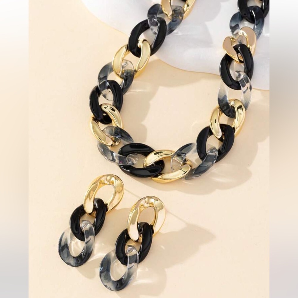 Chunky Gold and Black Acrylic Chain Necklace and Earring Set